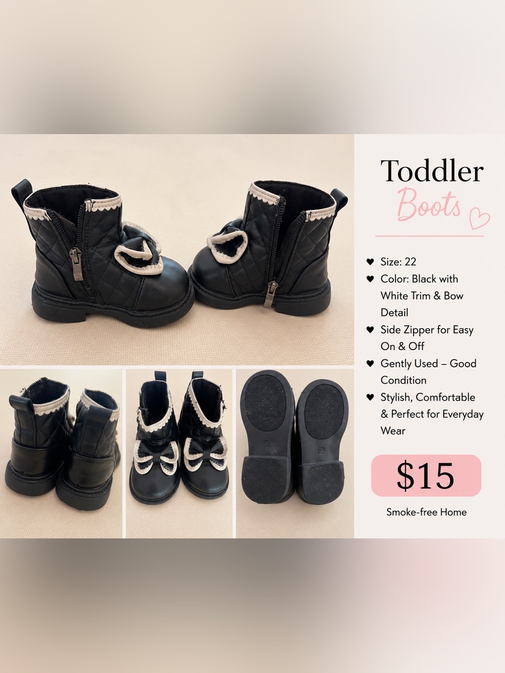 Toddler Girls Black Quilted Bow Ankle Boots EU 22 / US 6–6.5